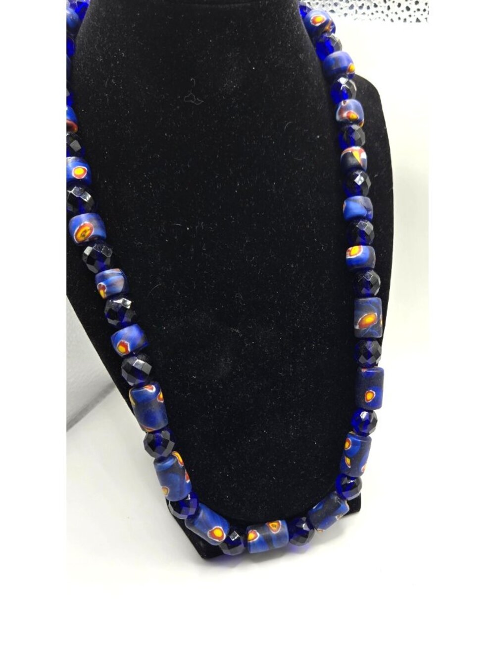 Vintage Cobalt Blue Art Glass Necklace Eye Beads Faceted Glass Spacers 24"